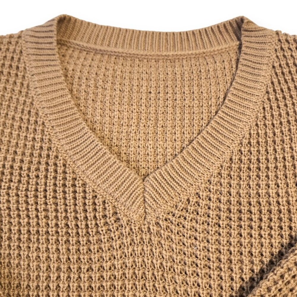 Waffle Knit Sweater- X-SMALL-Women's- KHAKI- Cropped Pullover Long Sleeve NWOT - Picture 2 of 5